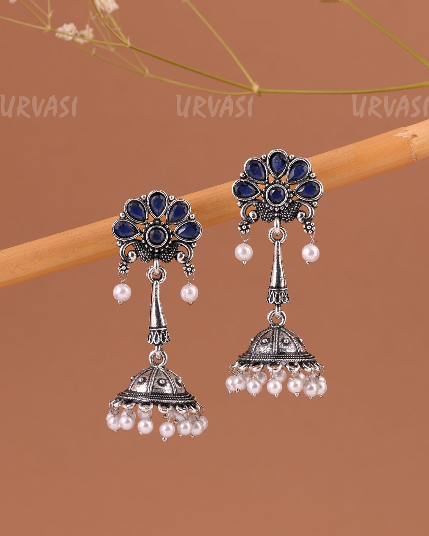 Oxidised Silver Peacock Motif Jhumka Pearl Earrings ER 999