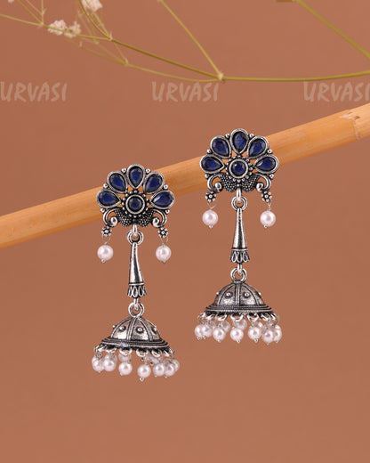 Oxidised Silver Peacock Motif Jhumka Pearl Earrings ER 999