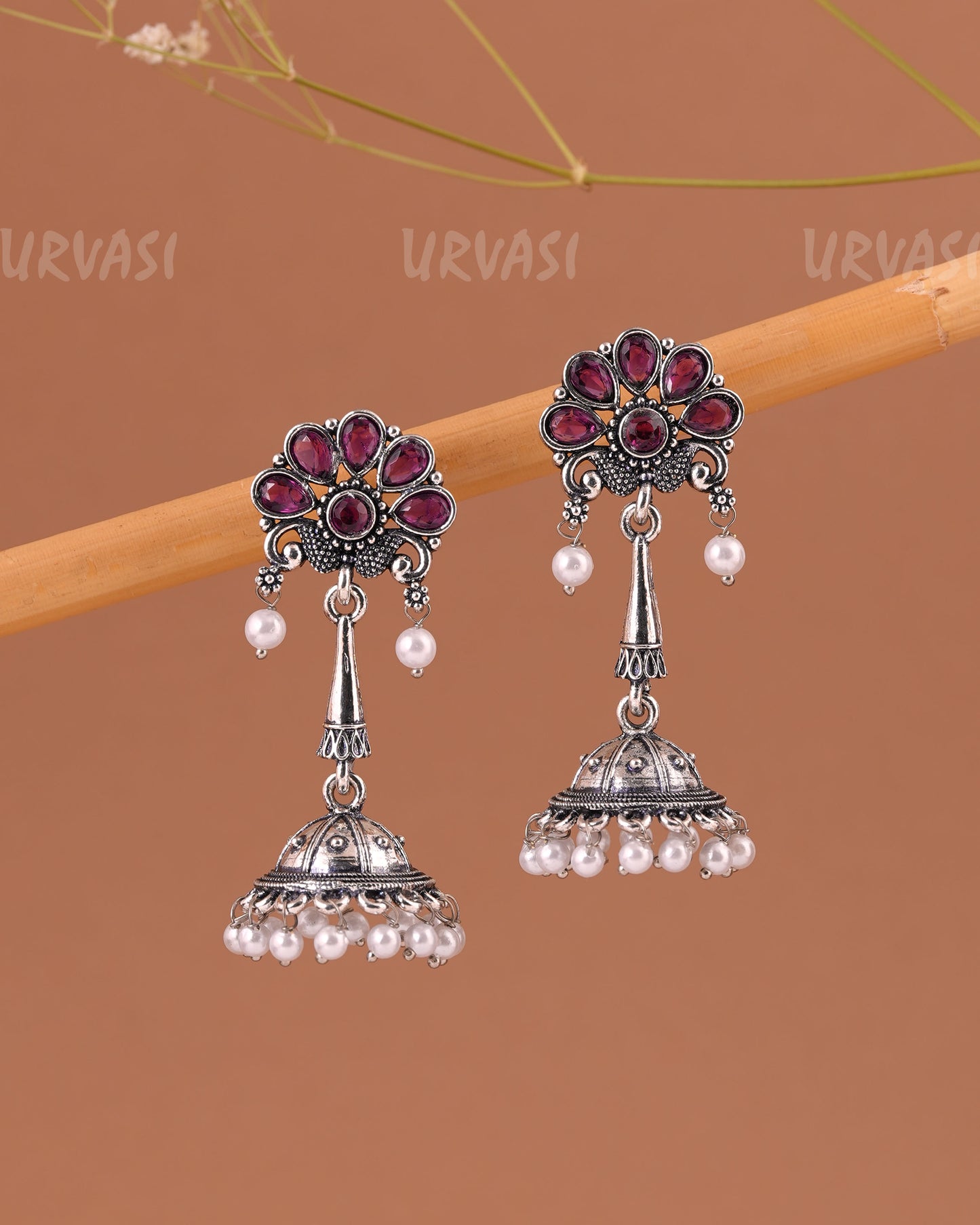 Oxidised Silver Peacock Motif Jhumka Pearl Earrings ER 999