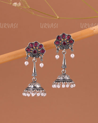 Oxidised Silver Peacock Motif Jhumka Pearl Earrings ER 999