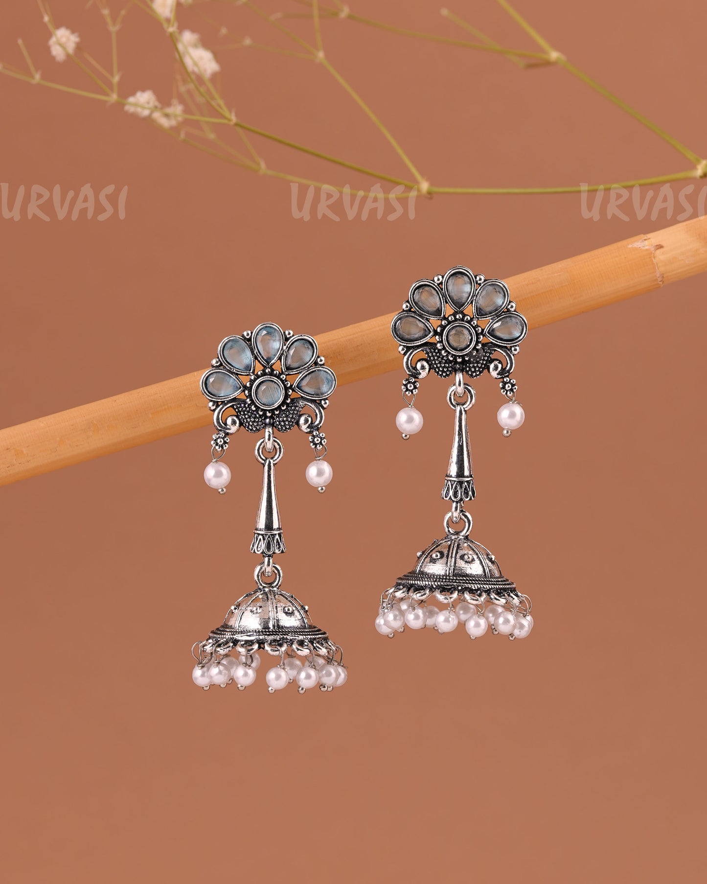 Oxidised Silver Peacock Motif Jhumka Pearl Earrings ER 999