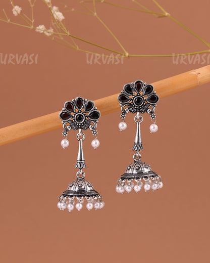 Oxidised Silver Peacock Motif Jhumka Pearl Earrings ER 999