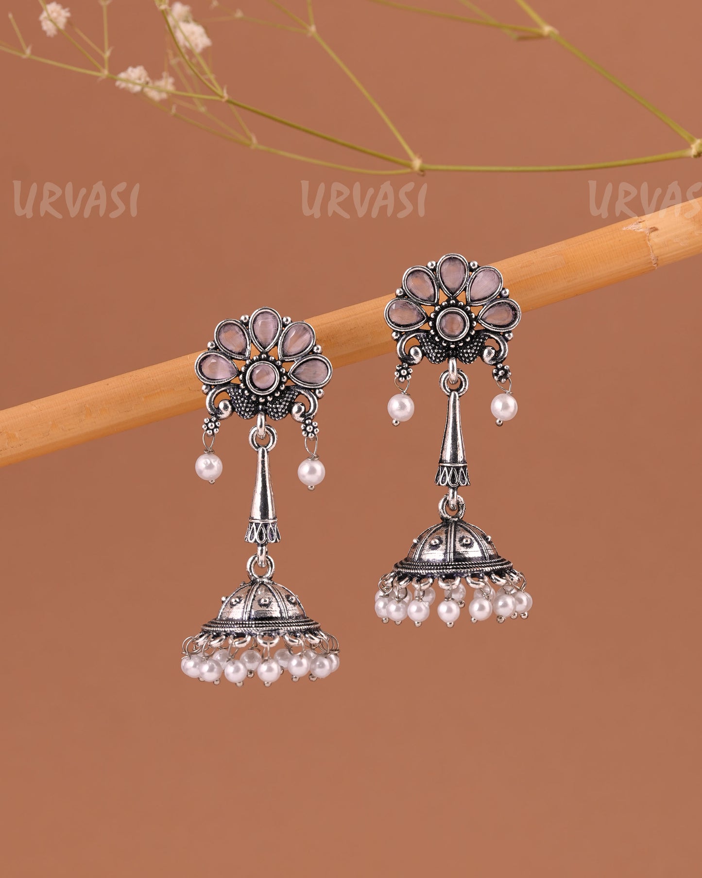 Oxidised Silver Peacock Motif Jhumka Pearl Earrings ER 999