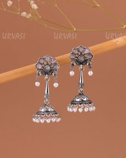 Oxidised Silver Peacock Motif Jhumka Pearl Earrings ER 999