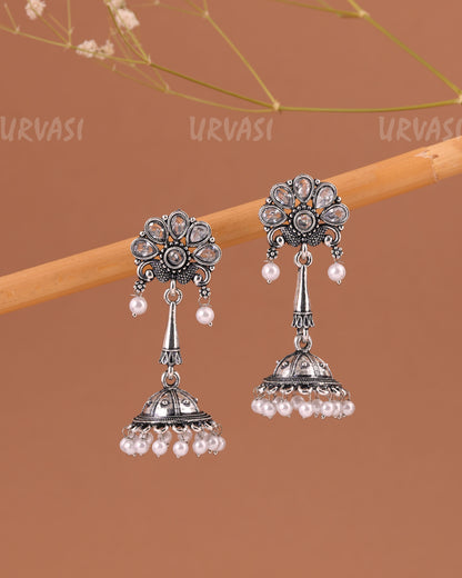 Oxidised Silver Peacock Motif Jhumka Pearl Earrings ER 999