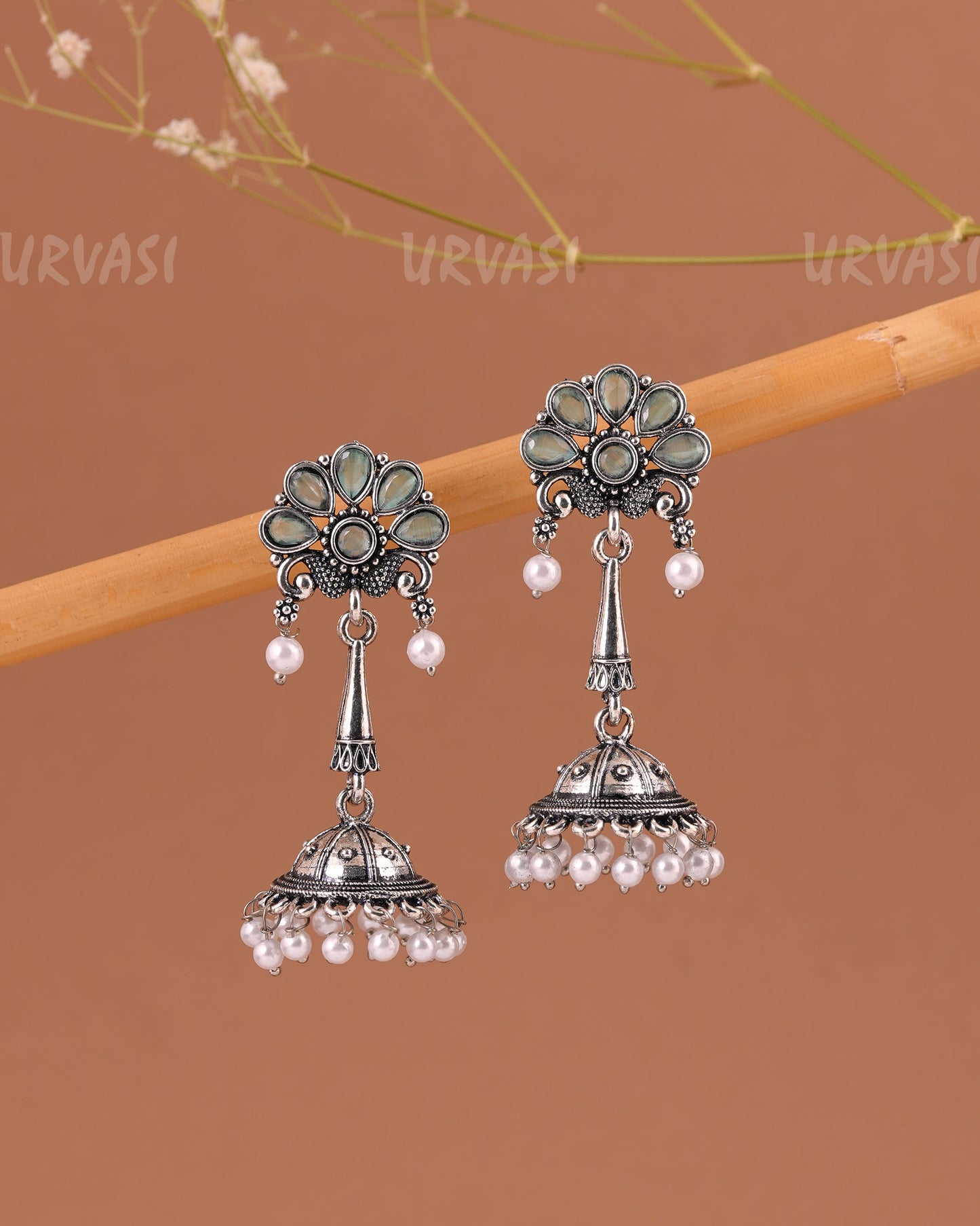 Oxidised Silver Peacock Motif Jhumka Pearl Earrings ER 999