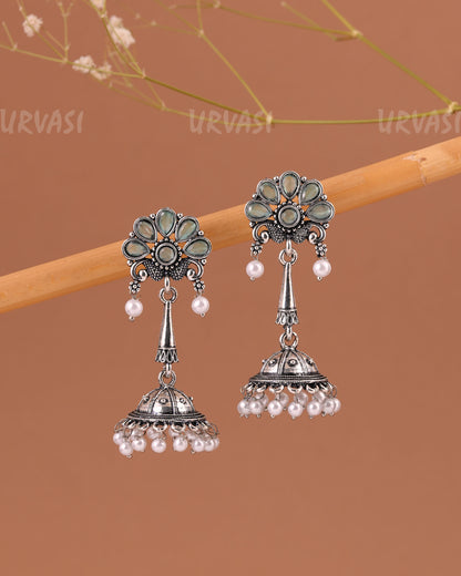 Oxidised Silver Peacock Motif Jhumka Pearl Earrings ER 999