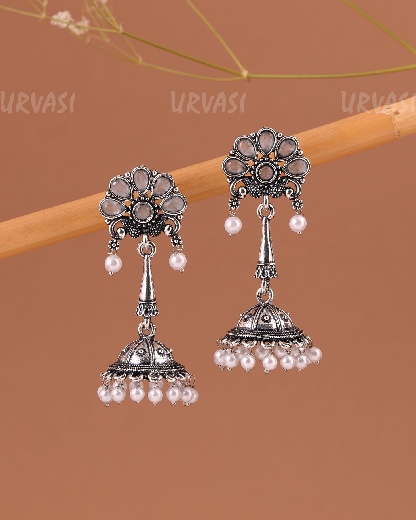 Oxidised Silver Peacock Motif Jhumka Pearl Earrings ER 999