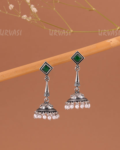 Oxidised Silver Pearl Hanging Jhumka Earrings ER 998