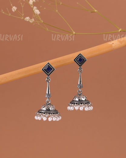 Oxidised Silver Pearl Hanging Jhumka Earrings ER 998