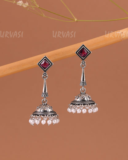 Oxidised Silver Pearl Hanging Jhumka Earrings ER 998