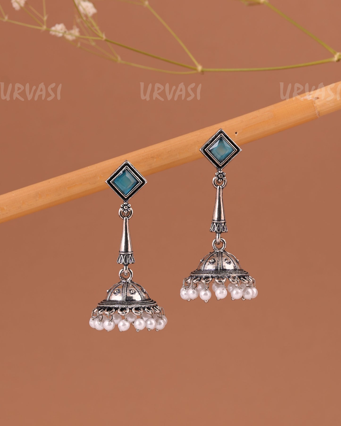 Oxidised Silver Pearl Hanging Jhumka Earrings ER 998