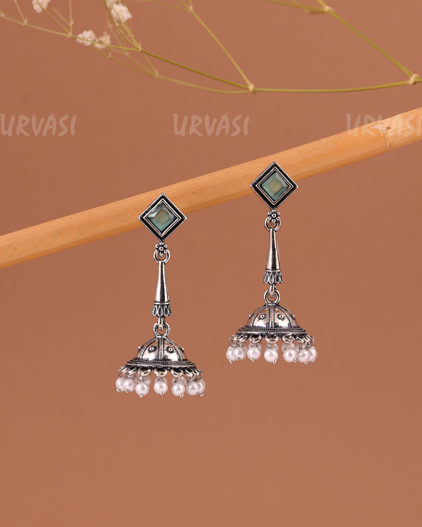 Oxidised Silver Pearl Hanging Jhumka Earrings ER 998