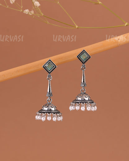 Oxidised Silver Pearl Hanging Jhumka Earrings ER 998