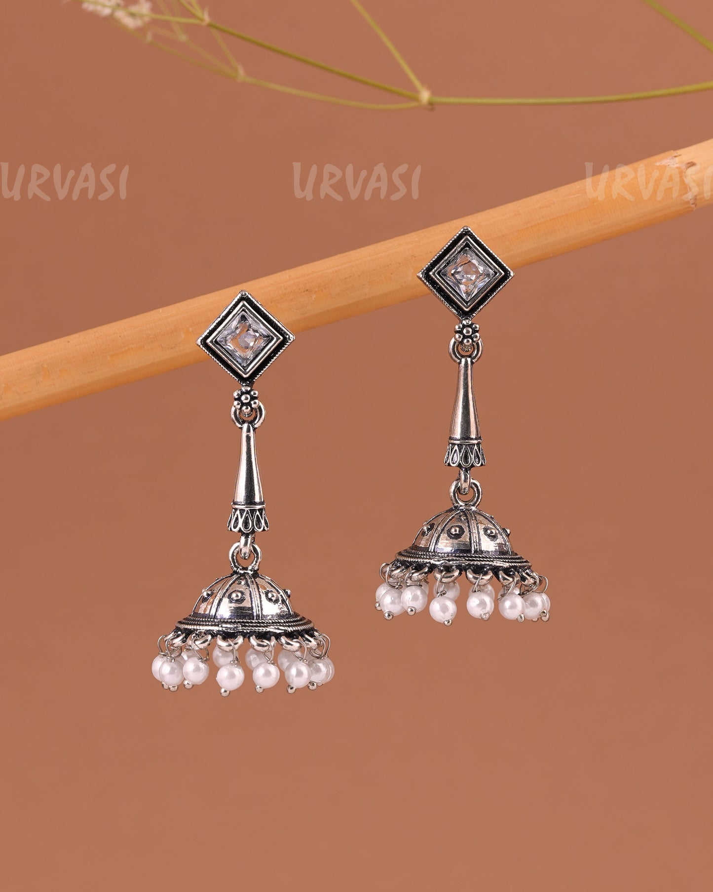 Oxidised Silver Pearl Hanging Jhumka Earrings ER 998