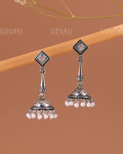 Oxidised Silver Pearl Hanging Jhumka Earrings ER 998