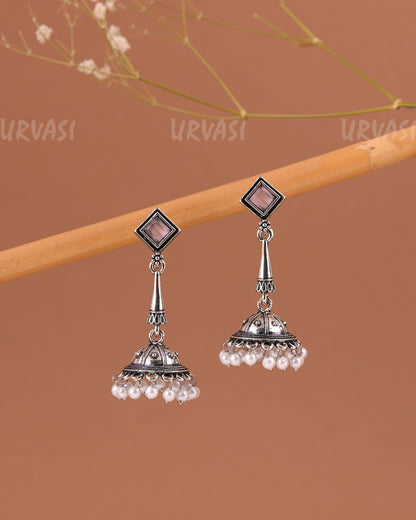 Oxidised Silver Pearl Hanging Jhumka Earrings ER 998
