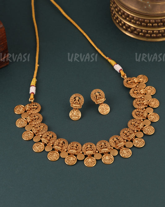 Gold -Toned Floral Designed Lakshmi Necklace 1655
