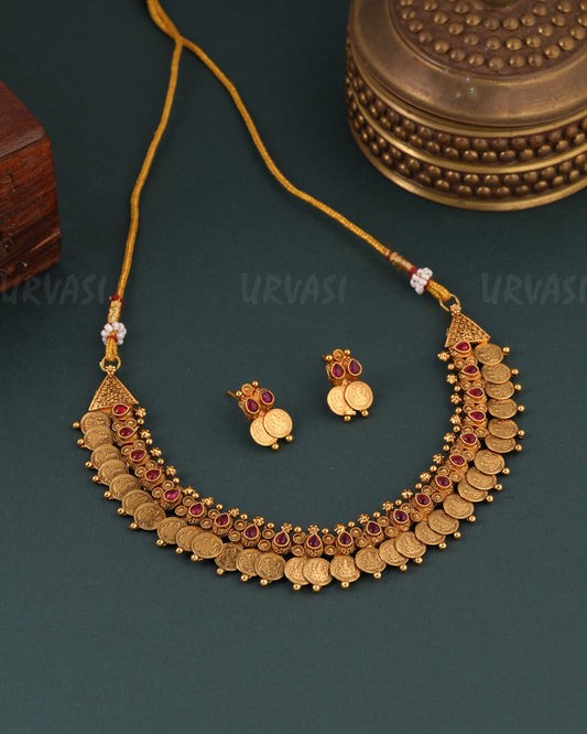 Gold-Toned Lakshmi Kaasu Tear-Drop Necklace 1638