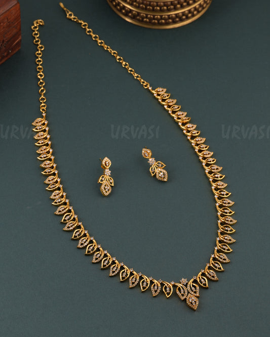 Gold -Polish Leaf Designed AD Long Necklace 1670