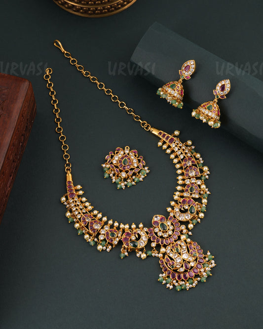 Gold-Toned Floral Peacock Necklace 1686