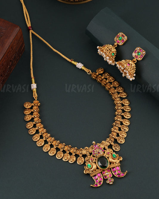 Gold-Toned Floral Lakshmi Kaasu Necklace 1682