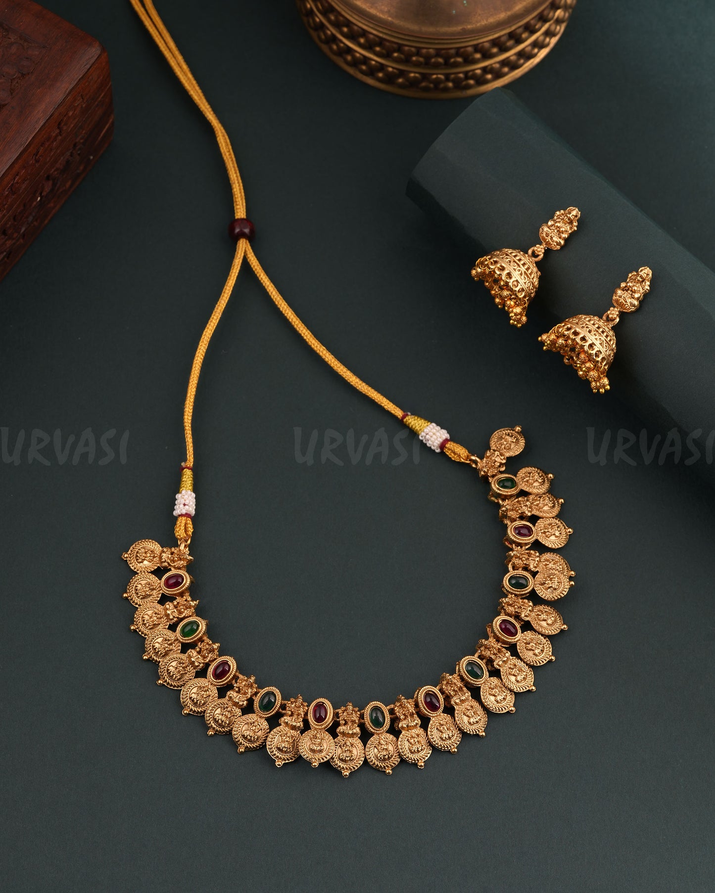 Gold-Toned Floral Lakshmi Kaasu Choker Necklace 1685