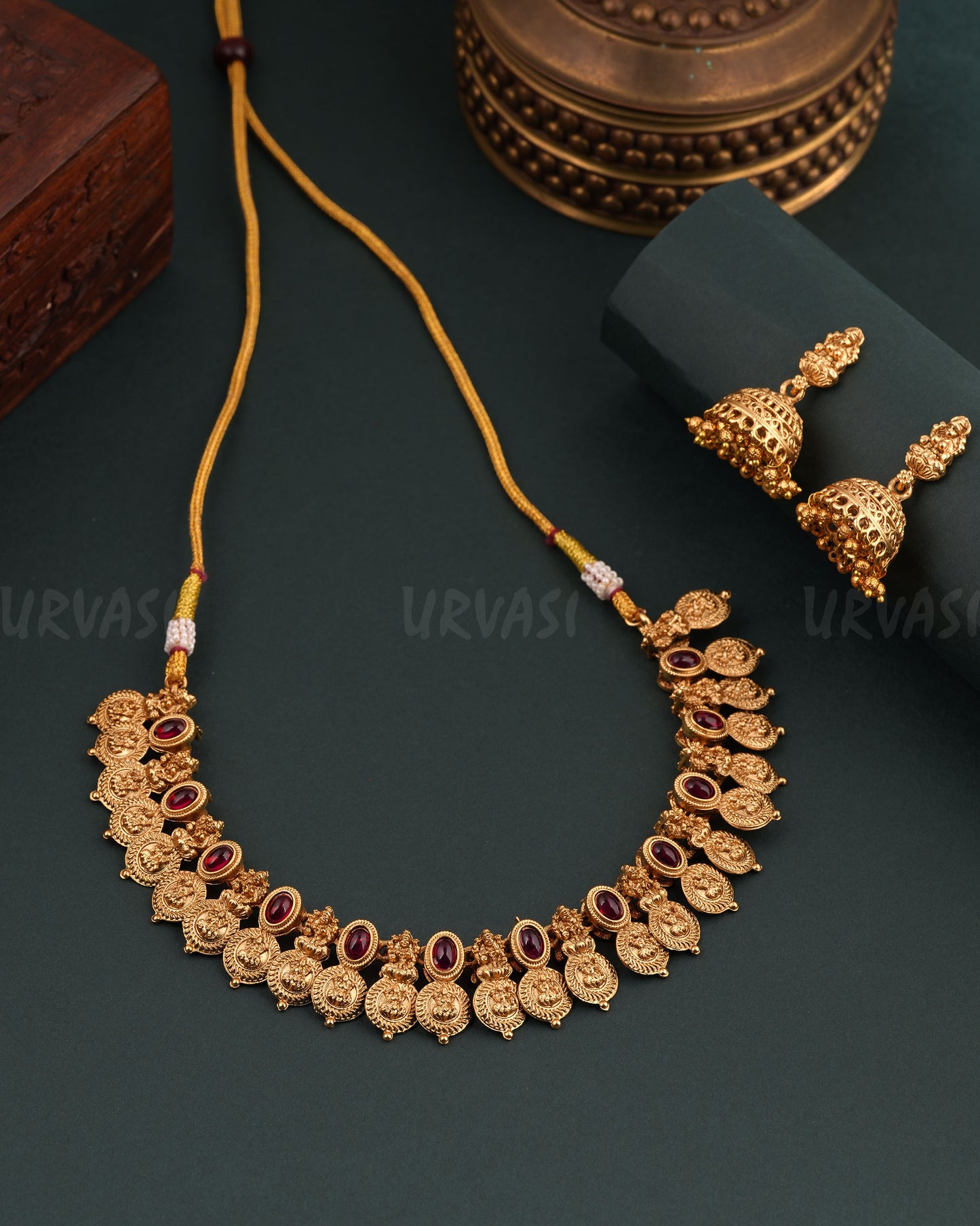 Gold-Toned Floral Lakshmi Kaasu Choker Necklace 1685