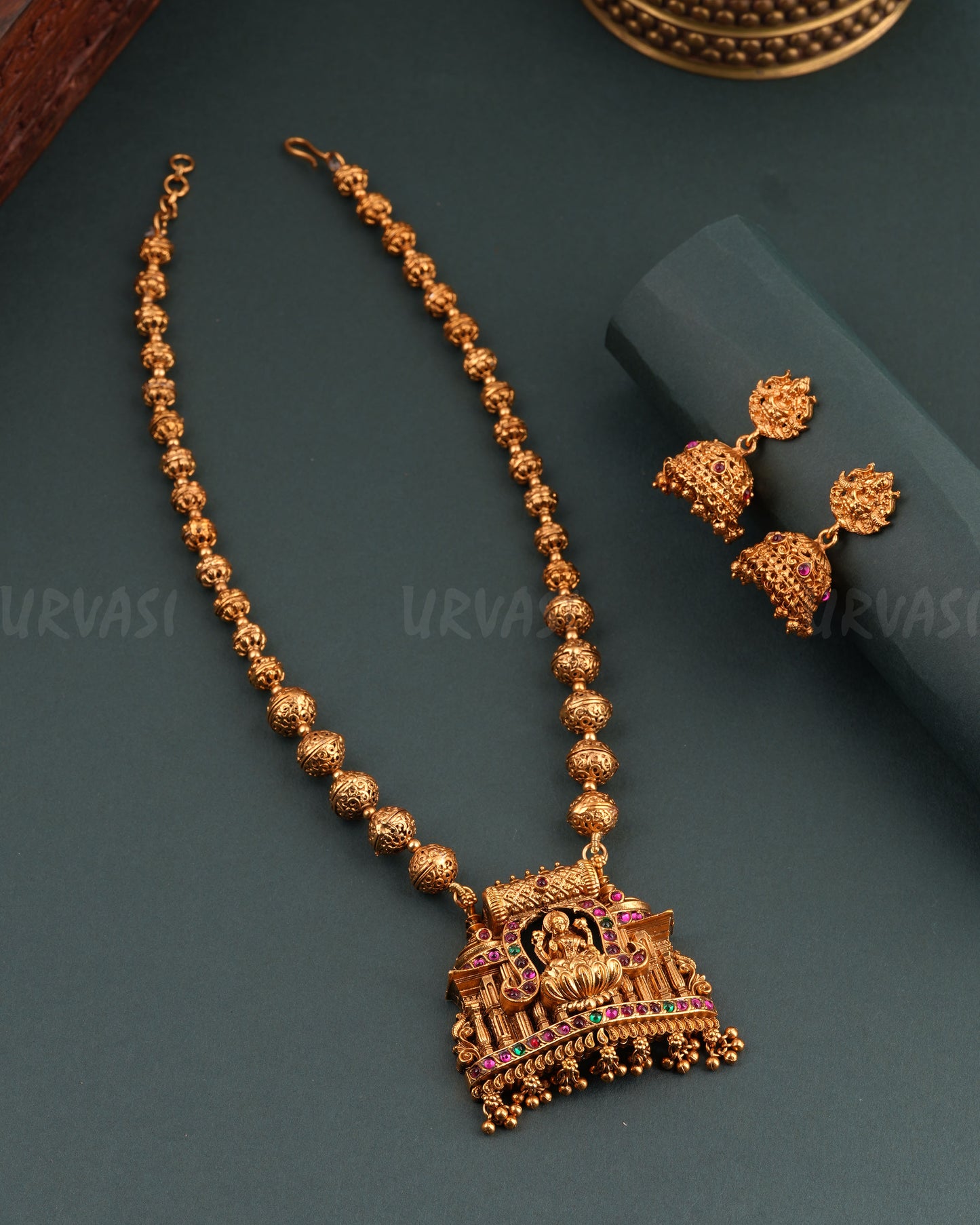 Gold-Toned Floral Lakshmi Temple Long Necklace 1677
