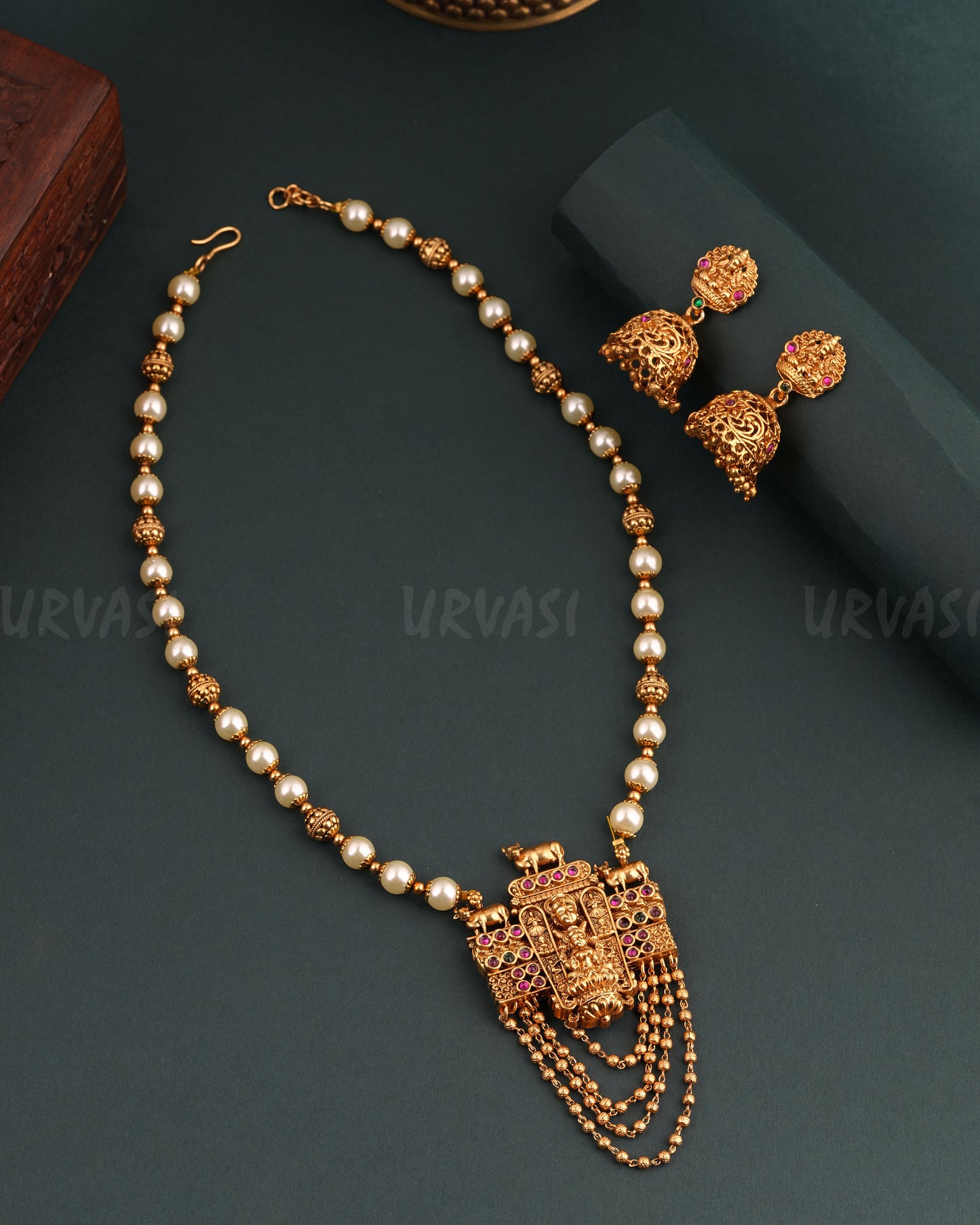 Gold-Toned Floral Lakshmi Pearl Long Necklace 1674