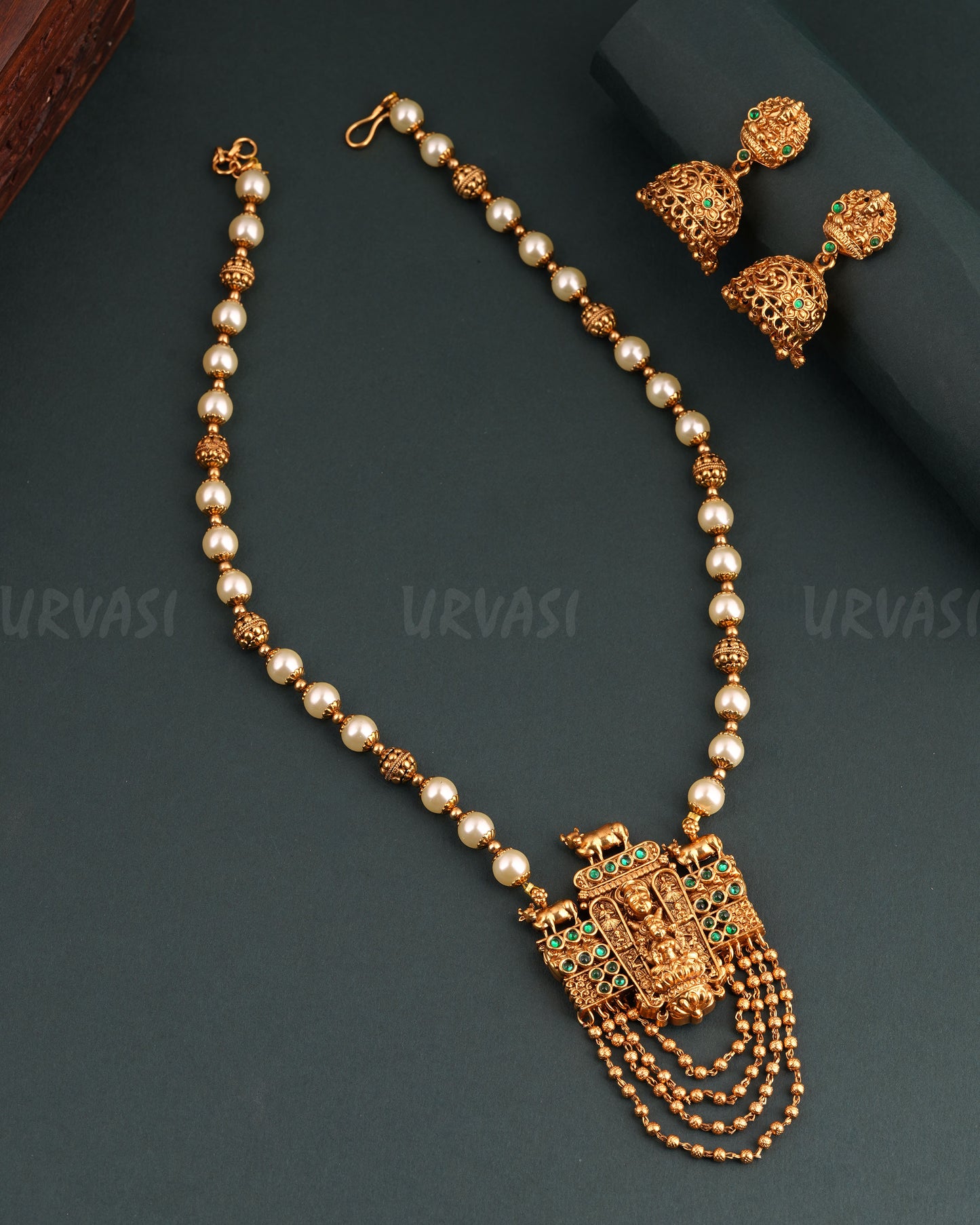 Gold-Toned Floral Lakshmi Pearl Long Necklace 1674