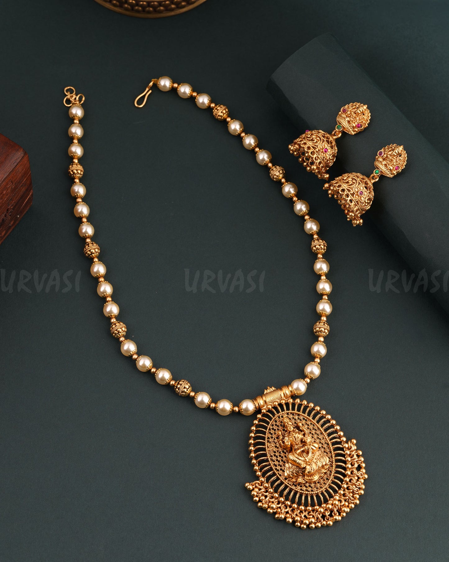 Gold-Toned Floral Lakshmi Pearl Long Necklace 1679