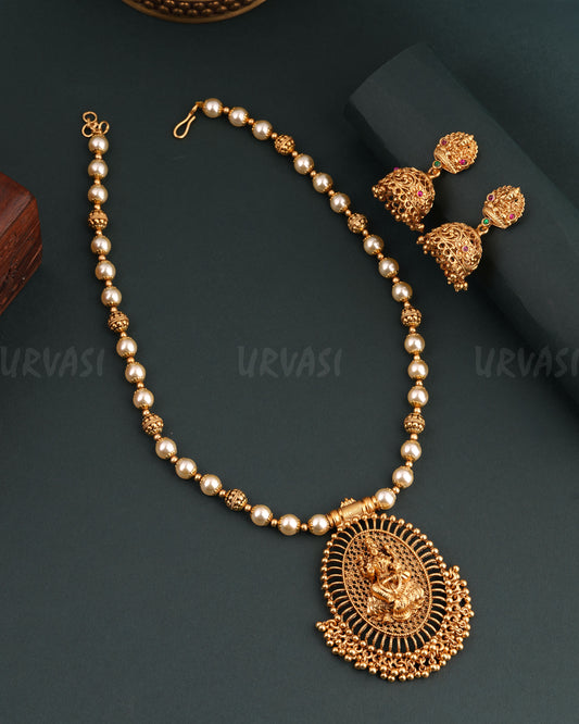 Gold-Toned Floral Lakshmi Pearl Long Necklace 1679