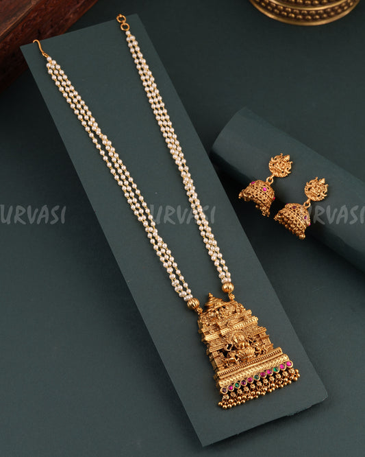 Gold-Toned Floral Pearl Temple Lakshmi Long Necklace  1704