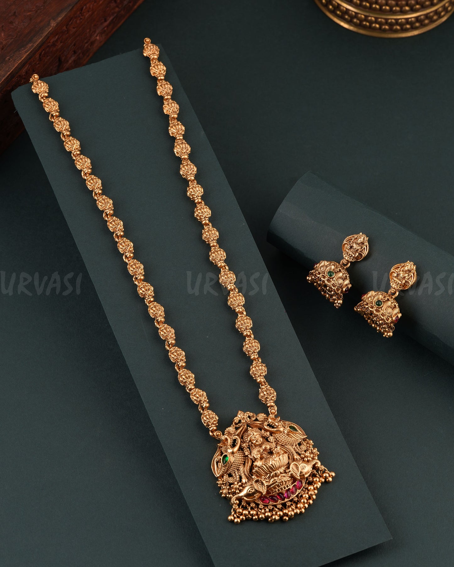 Gold-Toned Floral Lakshmi Pendent Long necklace 1705