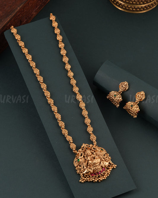 Gold-Toned Floral Lakshmi Pendent Long necklace 1705