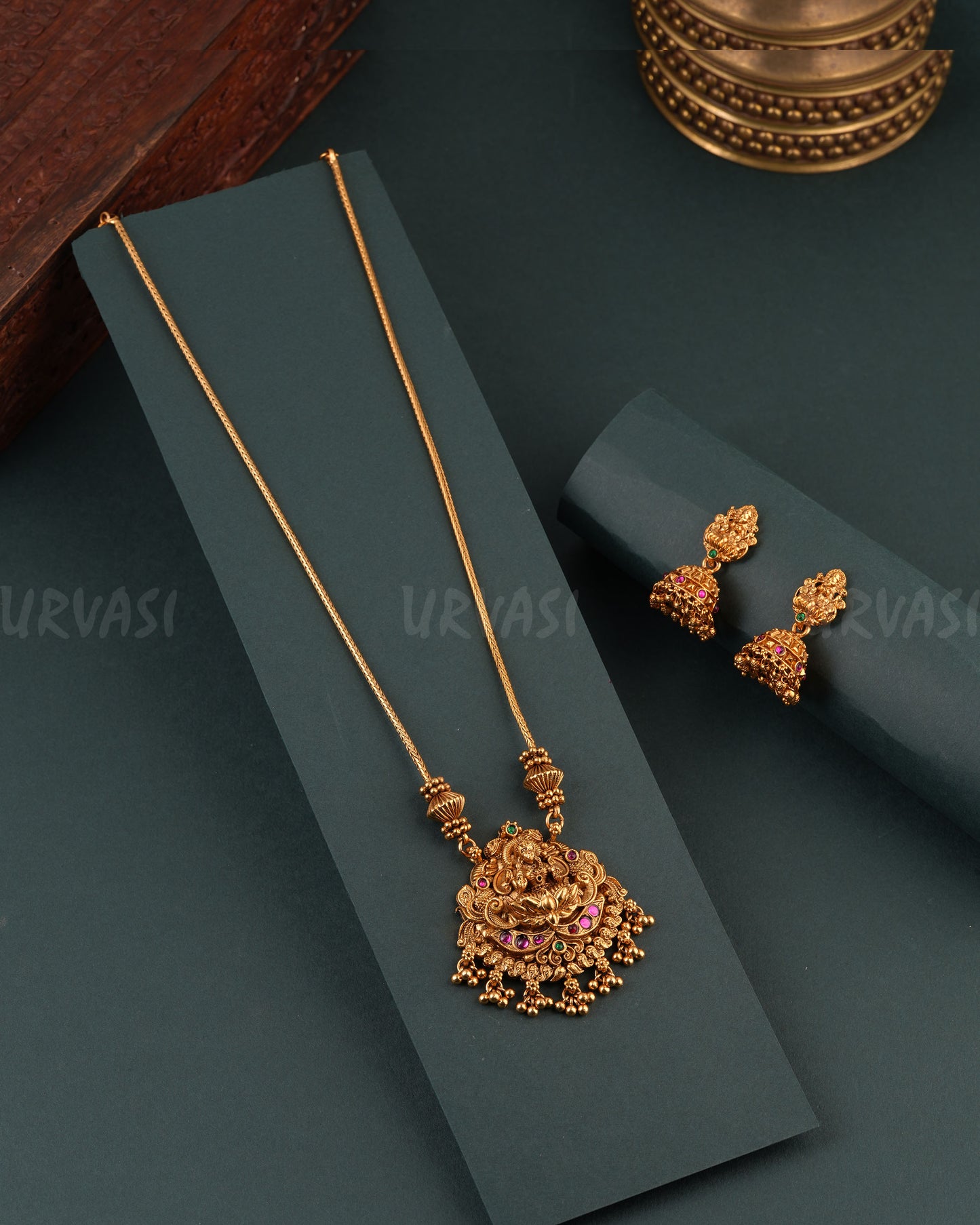Gold-Toned Floral Lakshmi pendent Long Necklace 1712