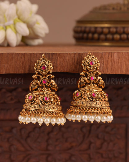 Gold-Floral Peacock Jhumka  Earrings  ER 1011