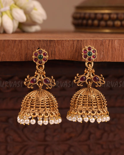 Gold-Floral Traditional Peacock Jhumka Earrings ER 1024