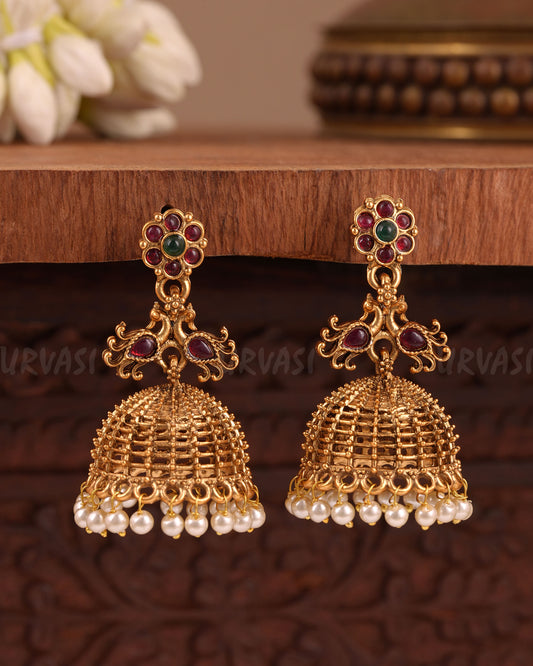 Gold-Floral Traditional Peacock Jhumka Earrings ER 1024