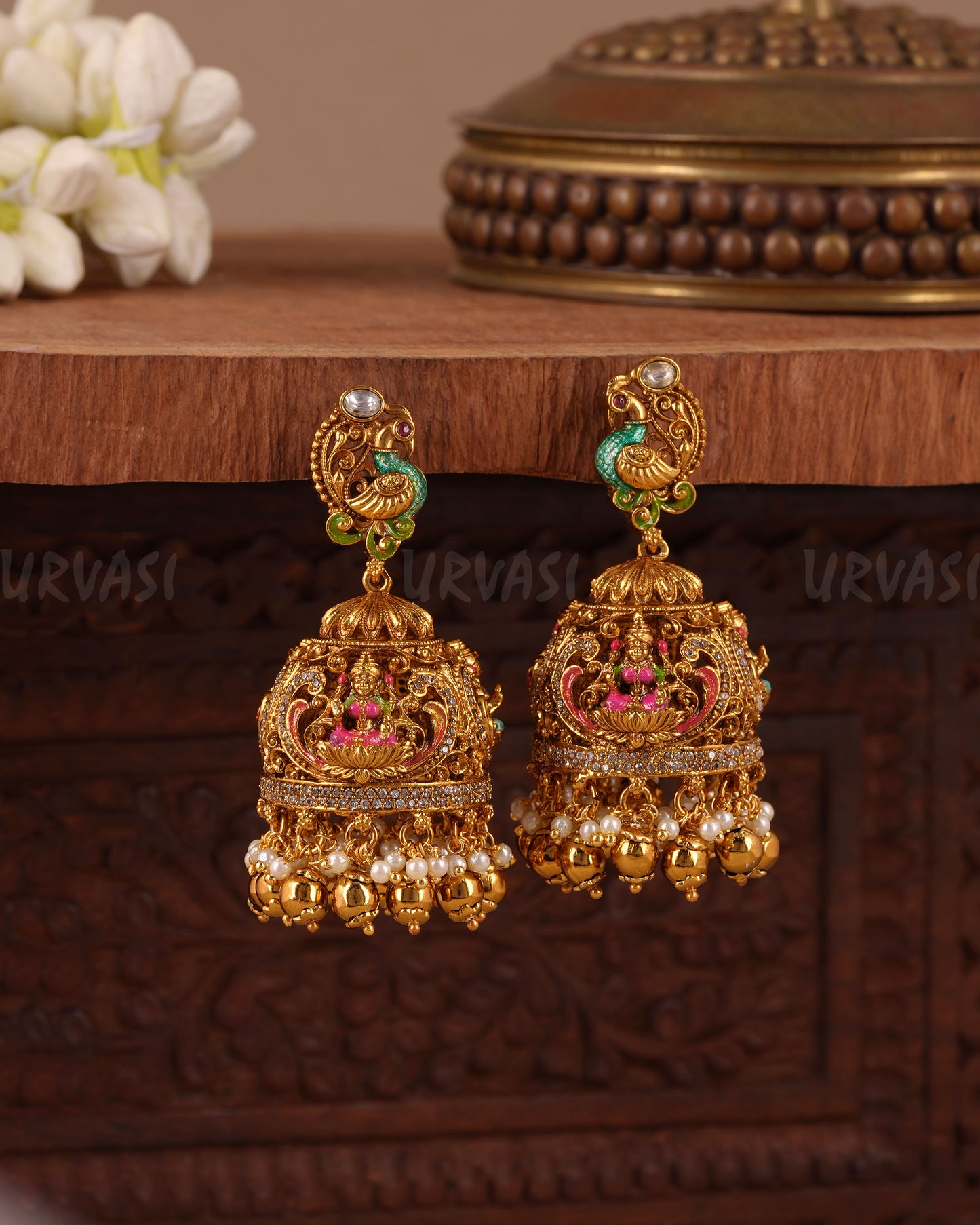 Gold-Toned Traditional Hand work Enamel  Peacock Lakshmi Earring ER 1040