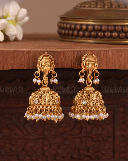 Gold-Polish Elephant Motif Jhumka Earrings ER 1044