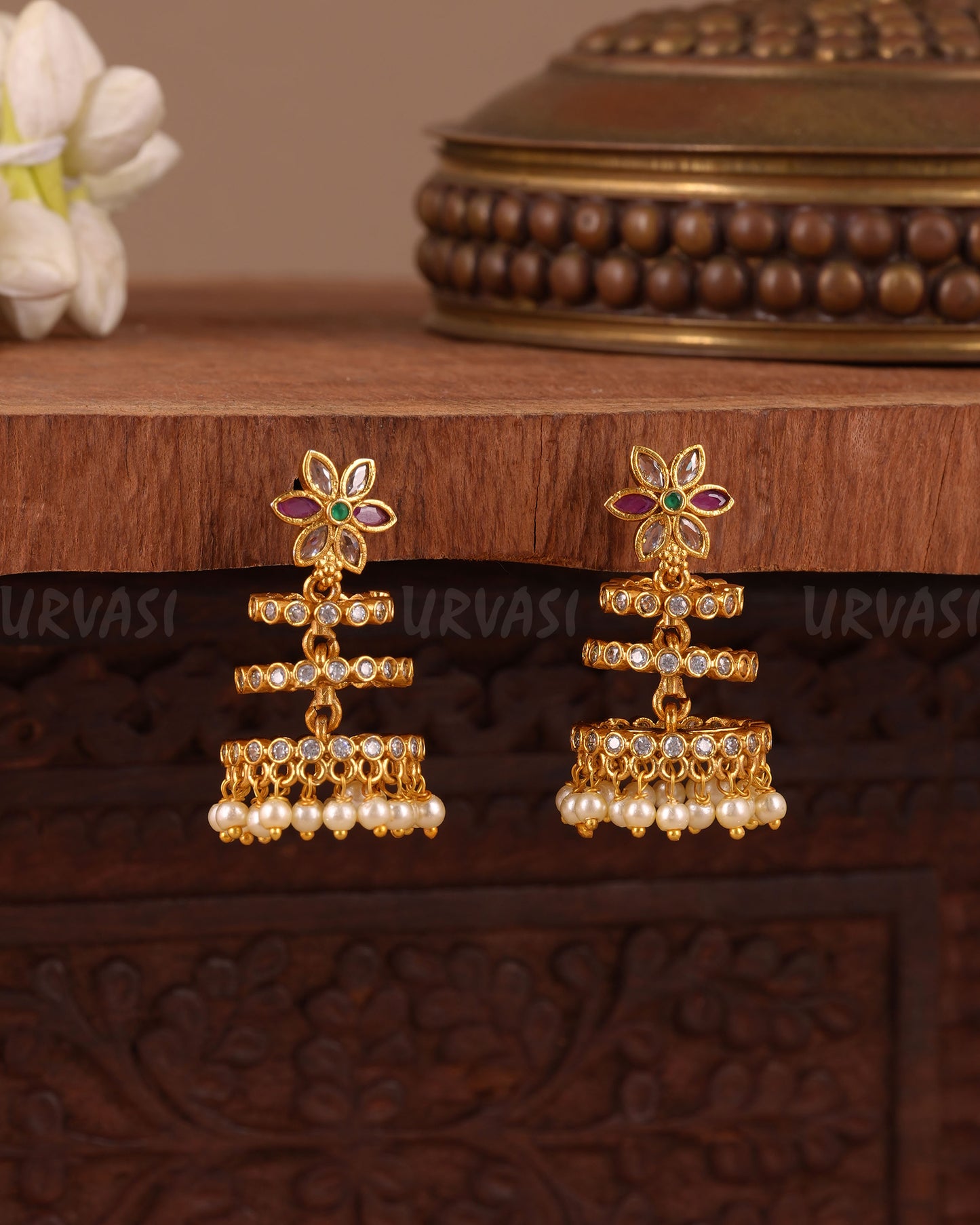 Gold-Floral  Layered  Pearl Drops Earring ER 1037