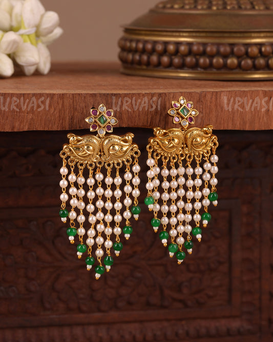 Gold-Floral Peacock Motif Pearl  Hanging Earring ER 1054