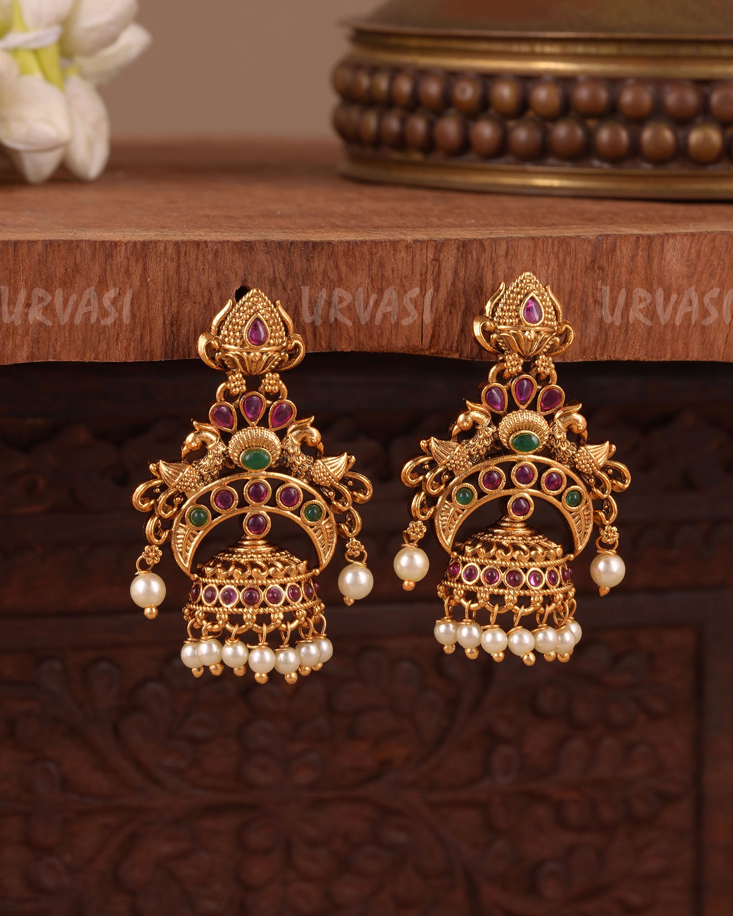 Gold-Toned Traditional Peacock  Motif  Earrings ER 1055