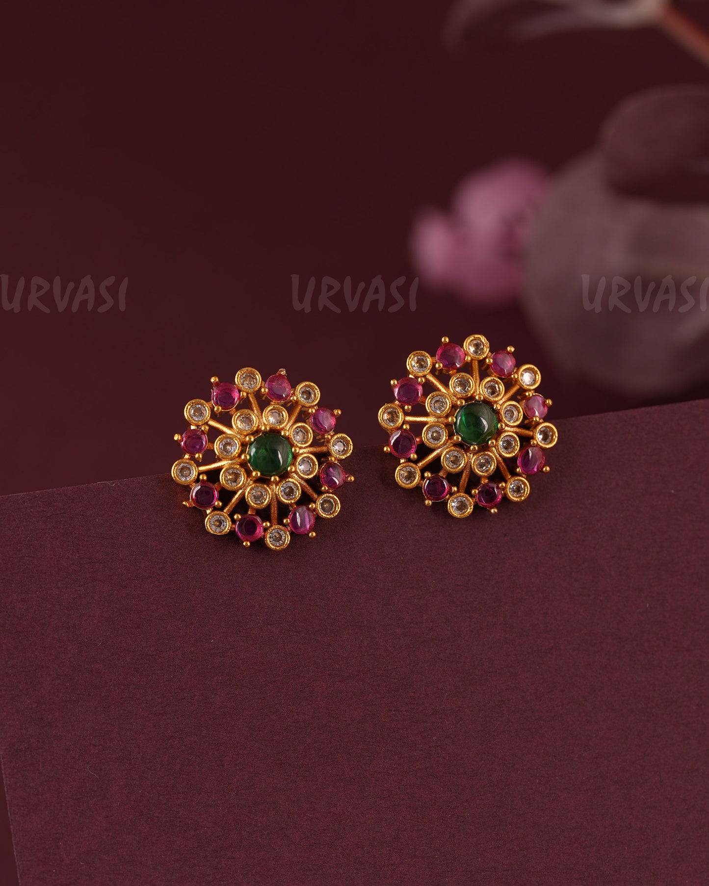 Gold-Floral Navratna Designed  Stud Earring ER