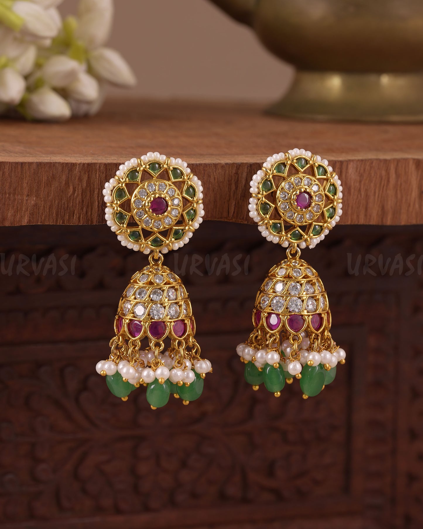 Gold-Toned  Floral  Kundan Jhumka Earring ER 1076