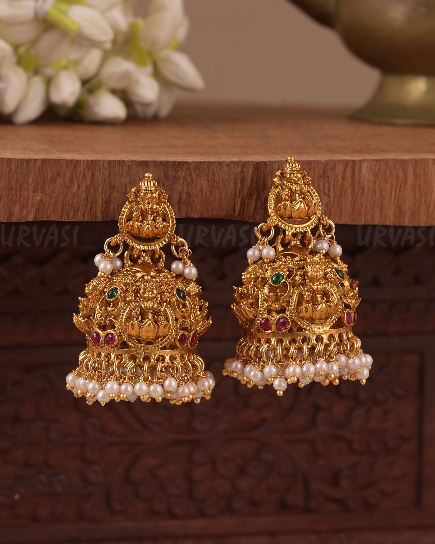 Gold-Toned Traditional Lakshmi Pearl- Drop Jhumka Earring ER 1132