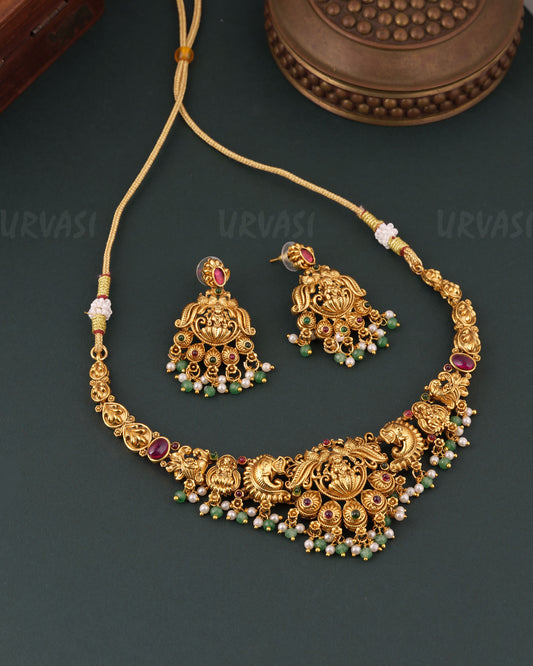 Gold-Toned Traditional Lakshmi Peacock Necklace 1753