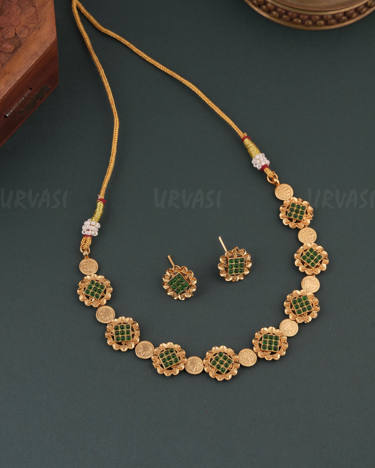 Gold-Floral Traditional Lakshmi Kaasu  Choker Necklace 1741